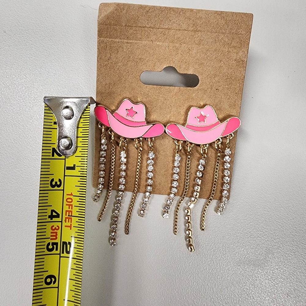 Pink Enamel Cowgirl Hat Earrings Rhinestone Tassels & Gold Chain Fringe Western - Picture 7 of 7